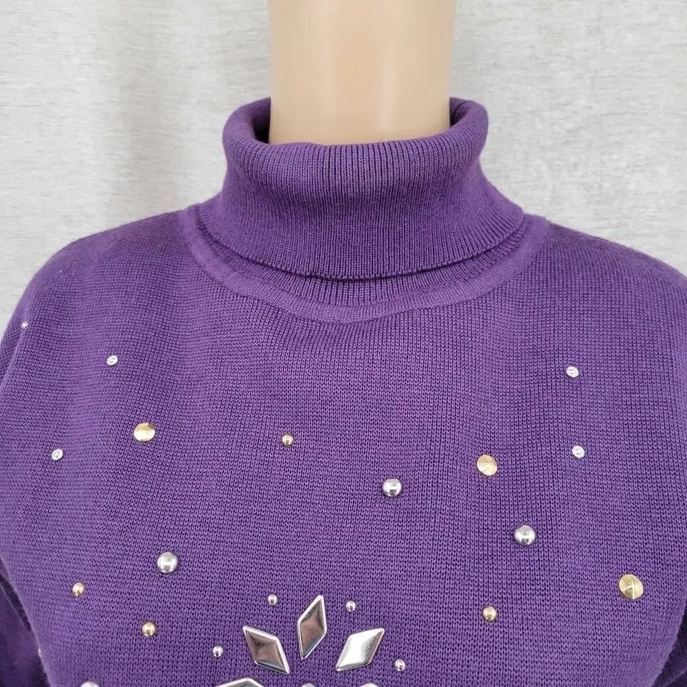 Kaelin 80s Purple Embellished Turtleneck Sweater Cinched Waist Vintage Women's
